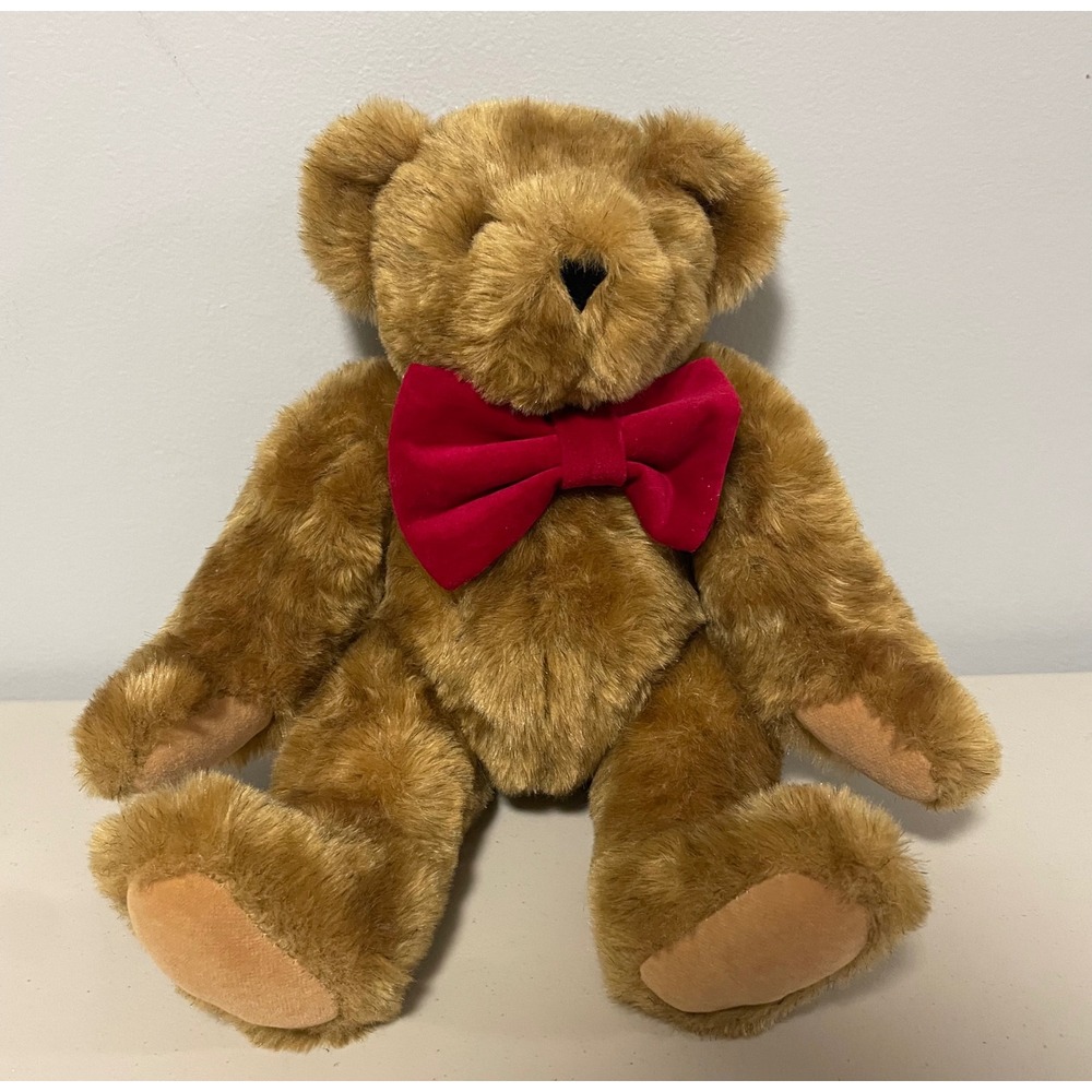 Vermont Teddy Bear Handmade Plush Brown Jointed Bear with Red Velvet Bow 15 inch
